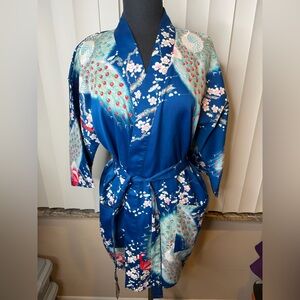 Vintage Japanese Belted Kimono Robe Peacock Cherry Blossom One of A Kind